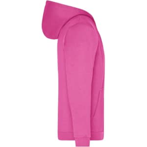 A pink men's zip hoodie featuring a hood and a front pocket, with a logo on it.