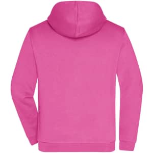A pink men's zip hoodie with a hood and a back view. The garment features a simple design and includes a logo.