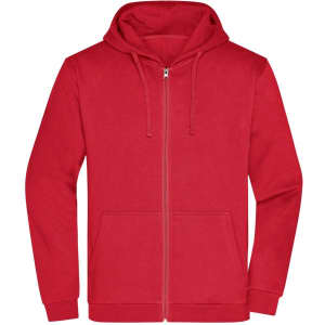 A red zip hoodie for men, featuring a front zip and two pockets, with a hood and a logo.
