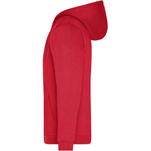 A red men's zip hoodie with a hood and front pocket, featuring a logo on the chest.