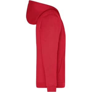 A red men's zip hoodie featuring a hood and a front pocket, with a simple design and branding.