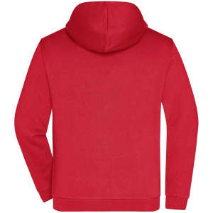 A red men's zip hoodie featuring a hood and long sleeves, with a logo on the back.