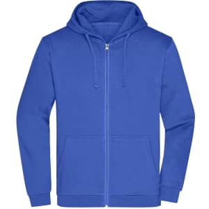 A blue men's zip hoodie featuring a hood and front pockets, with a branded logo.