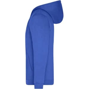 A blue zip hoodie featuring a hood and a front pocket, alongside a logo.