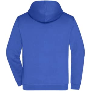A blue men's zip hoodie with a hood, featuring a logo on the back.
