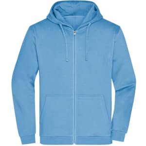 A blue zip hoodie for men with a front pocket and a hood, featuring a logo on the chest.