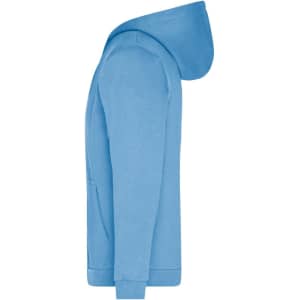 A blue men's zip hoodie with a hood and a front pocket, featuring a branding logo.