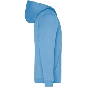 A blue men's zip hoodie with a hood and front pocket, featuring a logo on the fabric.