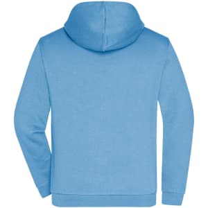 A blue men's zip hoodie featuring a hood and long sleeves, with a plain back design and a branding logo.