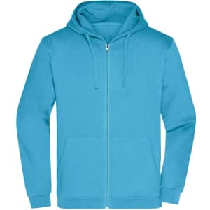 A turquoise zip hoodie featuring a front zipper, drawstrings, and a pocket, with a logo on the chest.