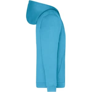 A turquoise men's zip hoodie featuring a hood and front pocket, with one logo visible.