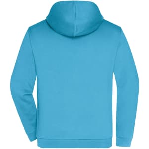 A blue men's zip hoodie featuring a hood and a simple design, with a logo on the back.