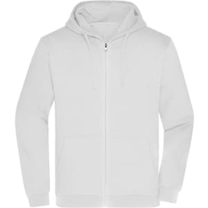 A white zip hoodie featuring a front zipper, two pockets, and a hood. It has a logo on the front.