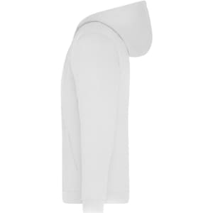 A white men's zip hoodie with a hood and long sleeves, featuring a side view and a branded logo.