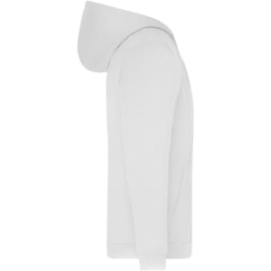 A white men's zip hoodie featuring a hood and side pocket, with a branding logo on the garment.