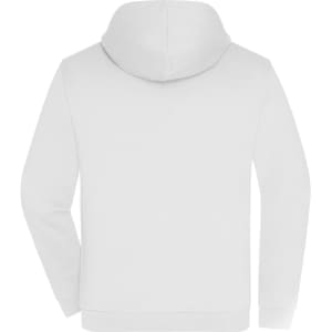 A white zip hoodie featuring a hood and a plain back, with a logo on the front.