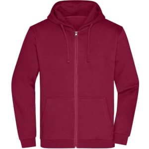 A maroon zip hoodie featuring a front pocket and a drawstring hood, with a logo placed on it.
