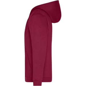 A maroon men's zip hoodie featuring a hood and kangaroo pocket, with a logo on the chest.