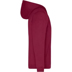A red men's zip hoodie featuring a hood and a front pocket, with branding.