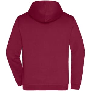 A maroon men's zip hoodie with a hood, featuring a simple design and a logo on the back.