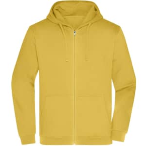 A men's zip hoodie in a bright yellow colour, featuring a hood and front pockets. It includes a logo or branding.