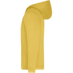 A yellow men's zip hoodie featuring a hood and a front pocket, designed as a promotional product.