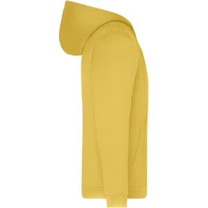 A yellow men's zip hoodie with a front pocket and a hood, featuring a small logo on the front.