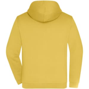 A yellow men's zip hoodie featuring a hood and a plain back design with a logo.