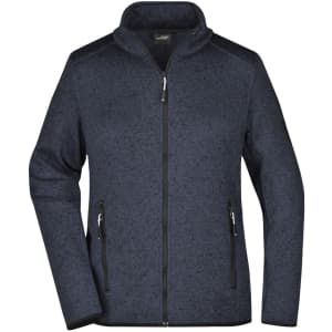 A navy blue ladies' knitted fleece jacket with a zip front and two side pockets. Features a branding logo.