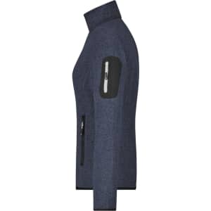 A navy ladies knitted fleece jacket featuring a zippered pocket on the sleeve and a sleek, fitted design.