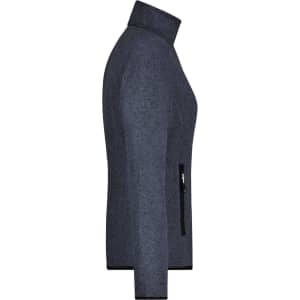A navy ladies knitted fleece jacket featuring a zip pocket and a high collar. It has a sleek, fitted design.