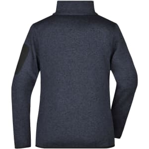 A navy knitted fleece jacket featuring a high collar and black elbow patches, with a logo on one sleeve.