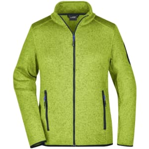 A bright green ladies' knitted fleece jacket with a zip front and two side pockets, featuring a logo on the sleeve.