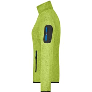 A ladies knitted fleece jacket in bright lime green, featuring a zip pocket on the arm and a logo.