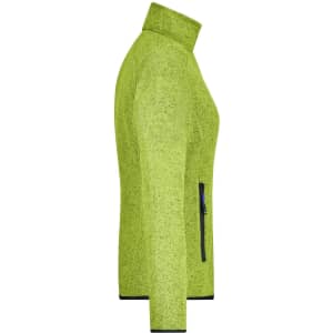 A ladies knitted fleece jacket in a vibrant lime green colour, featuring a zip pocket and a high collar.