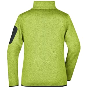 A ladies knitted fleece jacket in bright lime green with a black patch on the sleeve. Features a high collar design.