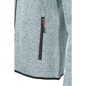 A grey knitted fleece jacket featuring a zippered pocket and a sleek design. It has a logo on the fabric.