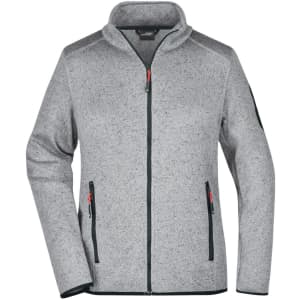 A grey knitted fleece jacket with a zip, featuring black accents and pockets, complete with a logo on the sleeve.