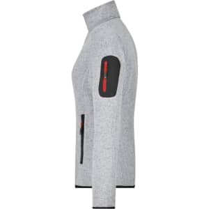 A light grey ladies knitted fleece jacket with a zippered side pocket and contrasting dark grey sleeve panel.