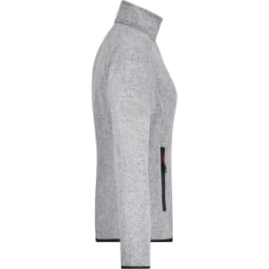 A grey ladies knitted fleece jacket with a high collar and a zippered pocket on the side. It has a subtle texture.