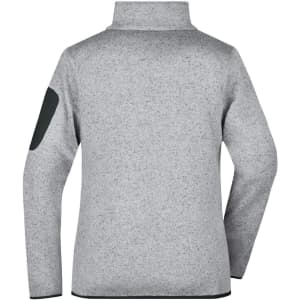 A grey ladies' knitted fleece jacket featuring a high collar and black elbow patches, with a logo on the sleeve.
