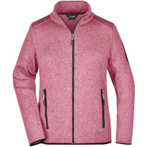 A pink knitted fleece jacket with a zip front and two side pockets, featuring a logo on one sleeve.