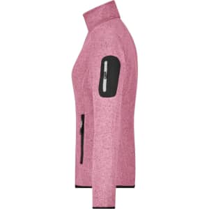 A pink knitted fleece jacket with zippered pockets and a logo on the sleeve. Features a high collar and long sleeves.