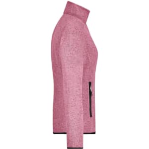A pink knitted fleece jacket featuring a high collar and zippered pocket on the side, with a logo on it.