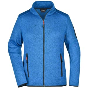 A blue knitted fleece jacket with a zippered front and side pockets, featuring a logo on the sleeve.