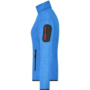 A blue knitted fleece jacket with a zippered pocket on the arm and zippered front pockets. Features a logo.