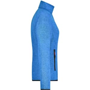 A ladies' knitted fleece jacket in blue, featuring a high collar and a zippered side pocket, with a logo.