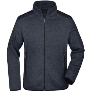 A navy blue men's knitted fleece jacket with a high collar and zippered front, featuring side pockets and branding.