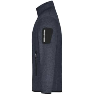 A men's knitted fleece jacket in dark blue with a black arm pocket and zippered side pockets.