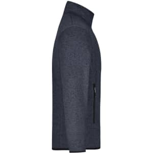 A men's knitted fleece jacket in dark navy, featuring a zippered side pocket and a high collar.